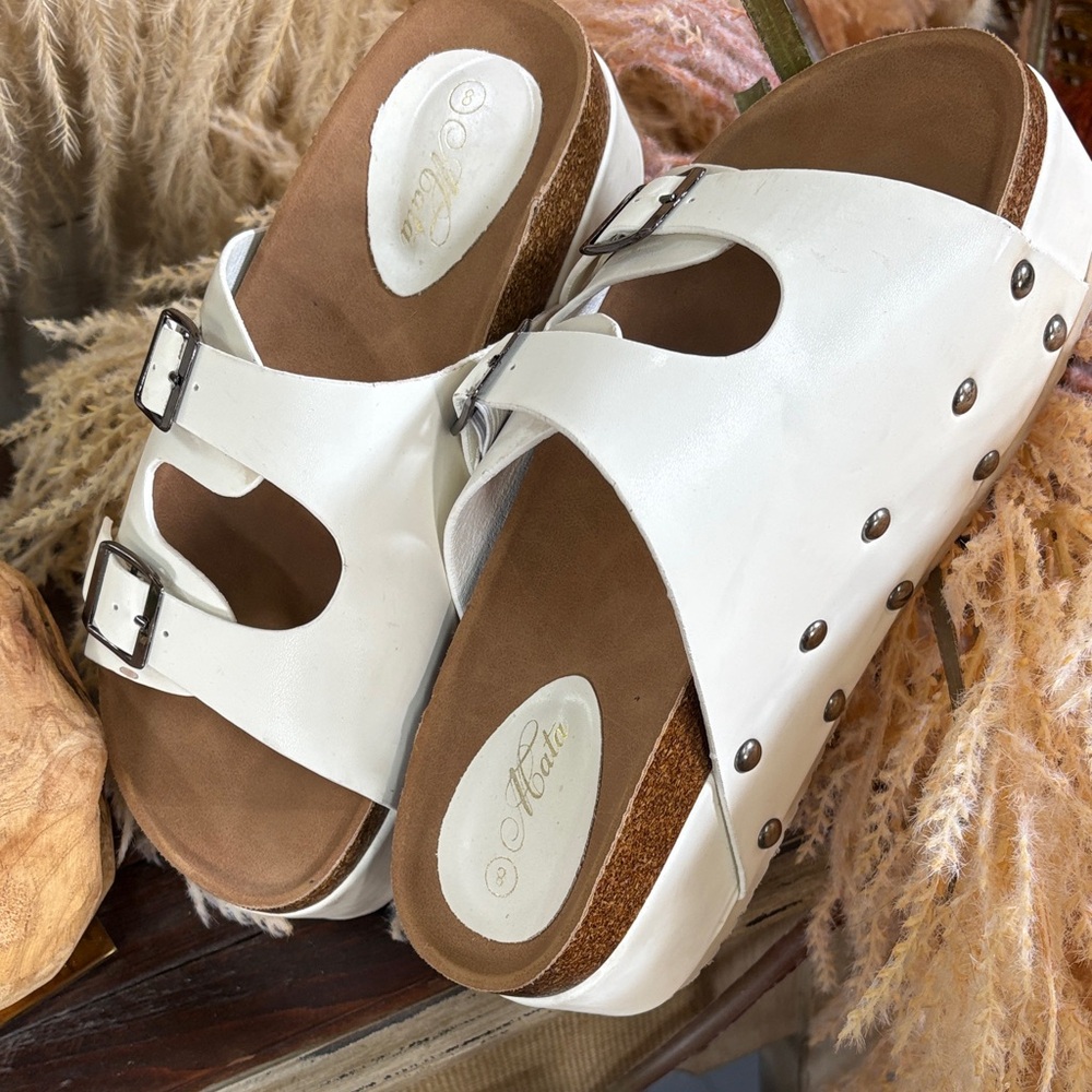 Off White Leather Platform Sandals with Buckle Straps